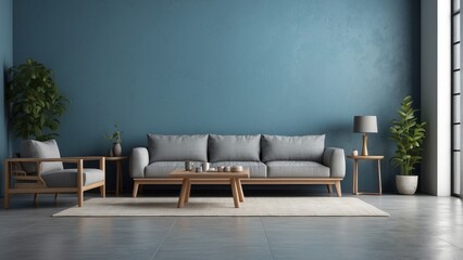 Interior home of living room with grey sofa and armchair and wood table on blue wall copy space mock up