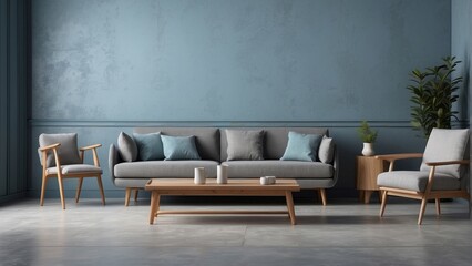 Interior home of living room with grey sofa and armchair and wood table on blue wall copy space mock up