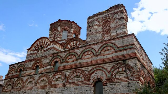 Ancient Christ Pantocrator Church in Nesebar historic city on Black Sea shore in Bulgaria, 4k