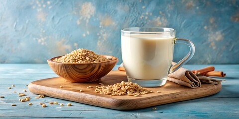 Oat milk in glass and mug on blue background, with flakes and ears for oatmeal and granola on wooden plate, Oat milk, glass