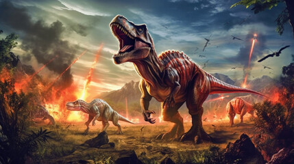 A scene from prehistory. Dinosaurs before extinction