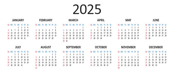 American calendar 2025 year. Week starts on Sunday. Vector illustration