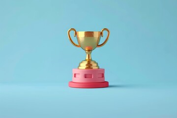 Fototapeta premium Golden trophy with a pink base on a blue background, symbolizing achievement and success in a minimalist, contemporary style. 3D Illustration.