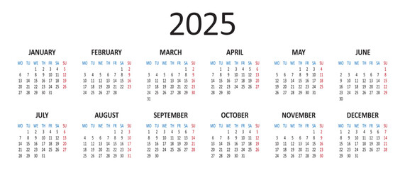 Calendar 2025 year. Week starts on Monday. Vector illustration