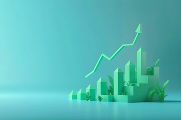 Green graph displaying upward growth trend with an arrow, symbolizing business success and financial growth in an eco-friendly concept. 3D Illustration.