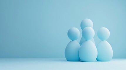 Minimalist abstract figures in pastel blue under soft lighting, representing unity, family, and togetherness on a plain background. 3D Illustration.