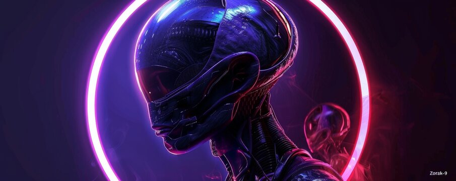 A futuristic, glowing alien portrait with a pink halo.