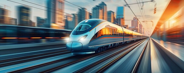 Fototapeta premium A high-speed train speeds through a city at sunset.