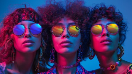 Obraz premium Creative portrait of three individuals with bold hair and jewelry, accentuated by vibrant neon lighting