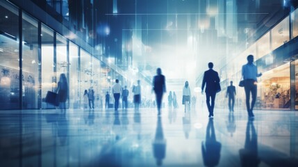 Abstract image featuring blurred silhouettes of shoppers walking in a bright, modern mall. The scene is characterized by a mix of cool and warm tones, creating a dynamic and bustling atmosphere