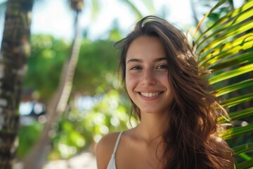 Fototapeta premium A young woman with long brown hair and a bright smile stands outdoors, surrounded by lush tropical greenery and palm trees, enjoying a sunny day