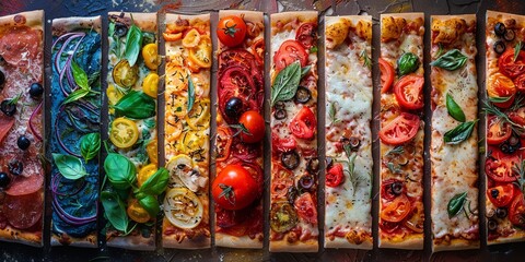 Fototapeta premium Gourmet Pizza Variety with Colorful Fresh Ingredients and Unique Flavor Combinations