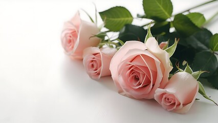 Rose flowers and leaves on white background