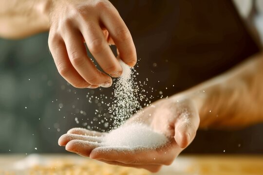 Close up of a chef adding salt into his recipe. Close up of unrecognizable chef adding salt while preparing a meal in the kitchen.
