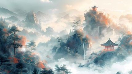 Traditional green pine trees and red pagodas illustration poster background