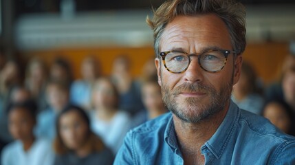 Obraz premium A self-assured man in glasses standing before a conference audience, exuding leadership and confidence
