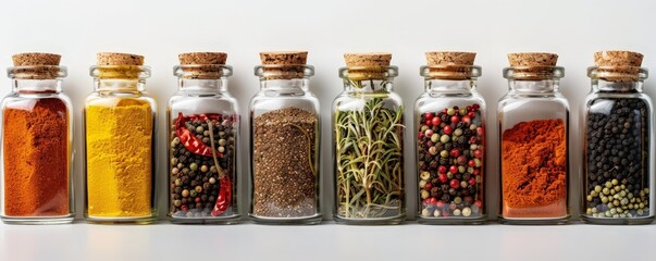Assortment of spices in glass jars with cork lids.