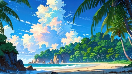 anime landscape depicting a calm beach scene in summer, decorated with lush trees and charming clouds