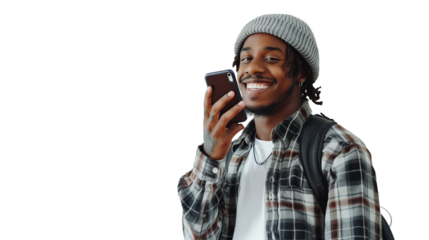 Attractive young african american man chatting or typing text message using cell phone isolated over transparent background