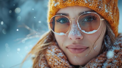 A bright-eyed woman outdoors with snow-frosted eyeglasses, showcasing winter fun and fashion