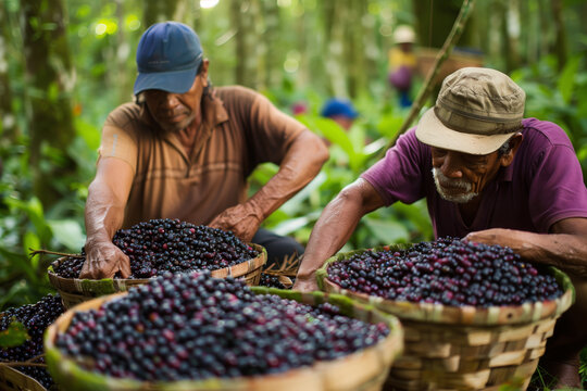 Piles of acai berries in the baskets, two Brazilian men having acai harvest
