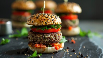 Mini burgers made with quinoa and vegetables in red green and black tones