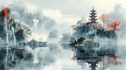 Traditional green pine trees and red pagodas illustration poster background