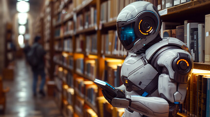 Robot librarian stands between the shelves in the public library and holding a book.