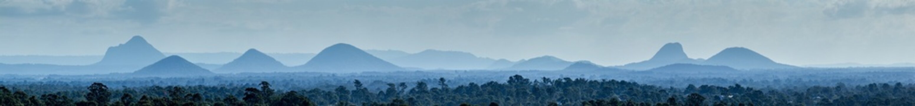 Panorama of the Glass House Mountains in Queensland.