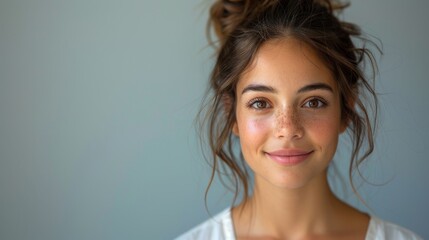Softly lit portrait of a young woman with light freckles, a pleasant smile, and a relaxed expression, against a muted background