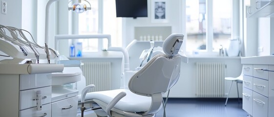 Empty dentist chair in a clean, white dental office. Ideal for healthcare themes, designed for patient comfort and efficient dental care