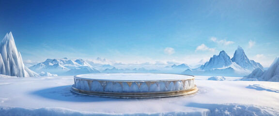 Ice podium background snow winter product platform cold mountain 3D. Podium ice display background cosmetic sky floor blue scene landscape frozen white cool stand pedestal minimal rock glacier nature