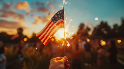 Close up of a person holding an American flag and sparkler celebrating 4th July independence day