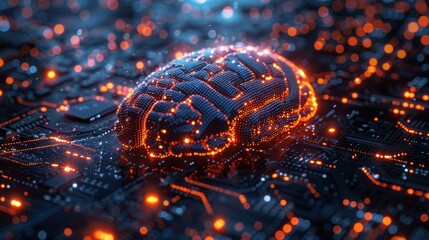 This image depicts a digital brain representing artificial intelligence, glowing atop an electronic circuit board