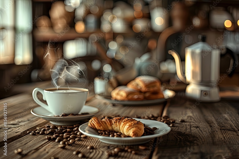 Sticker Coffee and Pastry Corner: A cozy tea room corner with a wooden table adorned with freshly brewed coffee cups