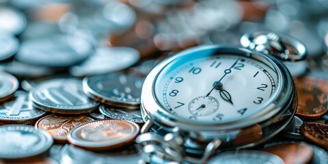Vintage Pocket Watch Resting Among Piles of Shiny Coins