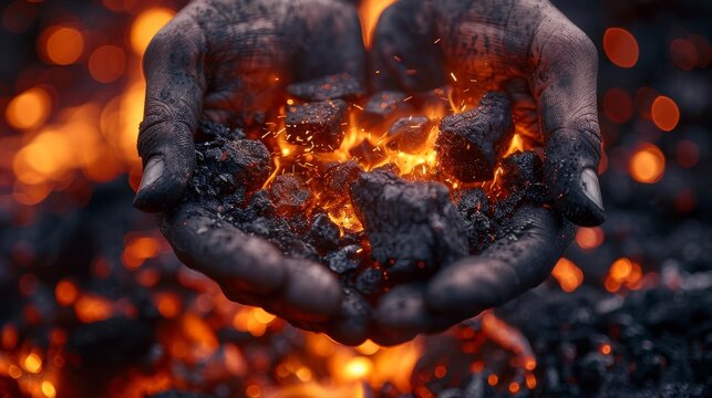 A pair of hands holding smoldering coals, with spark trails in a dark setting, emphasizing themes like potential or caretaking