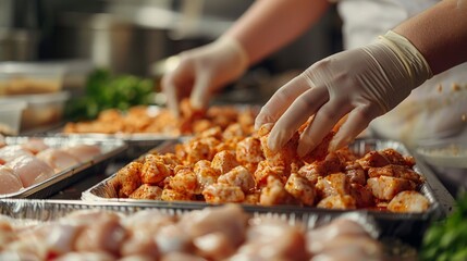 A close-up view of a person's hands seasoning raw chicken pieces for cooking, focusing on the food preparation process