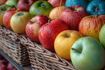 A display of different types of apples including red, green, and yellow varieties, arranged in a wicker basket. 