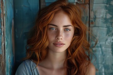 Fototapeta premium Calming portrait of a red-haired woman with a serene expression and natural backdrop
