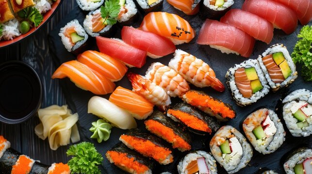 Japanese meal of assorted sushi and sashimi rolls