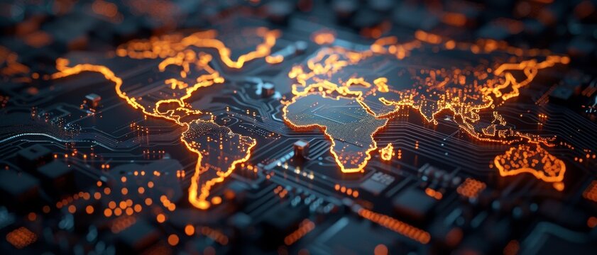 World map outlined in glowing orange light on a dark, textured surface,  glowing world map on a circuit board, highlighting global technology connectivity and innovation.