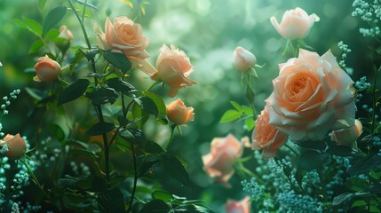 Green flowers in the garden among eclair roses