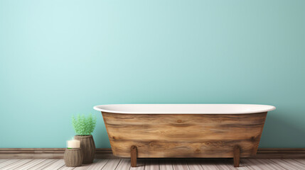 Wooden bathtub in front of mint green wall with plant and candle nearby, creating a relaxing spa-like atmosphere.