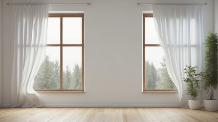 Interior home of empty blank room with curtain window on white wall copy space mock up, hardwood floor