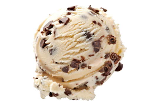 Scoops of sweet and creamy Chocolate Chip ice cream isolated on white transparent background