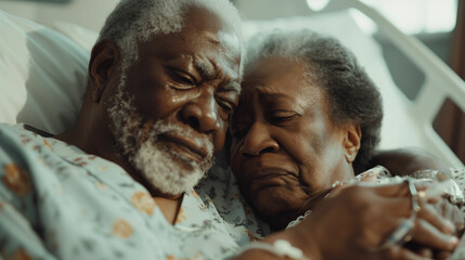 Elderly man and woman laying in hospital bed