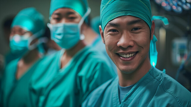 Diverse group of surgeons smiling at camera