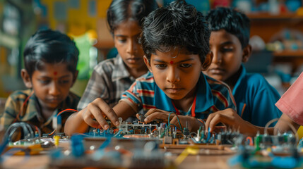 Group of young children working on electronics