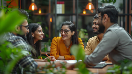 Obraz premium Group of people sitting around a table talking